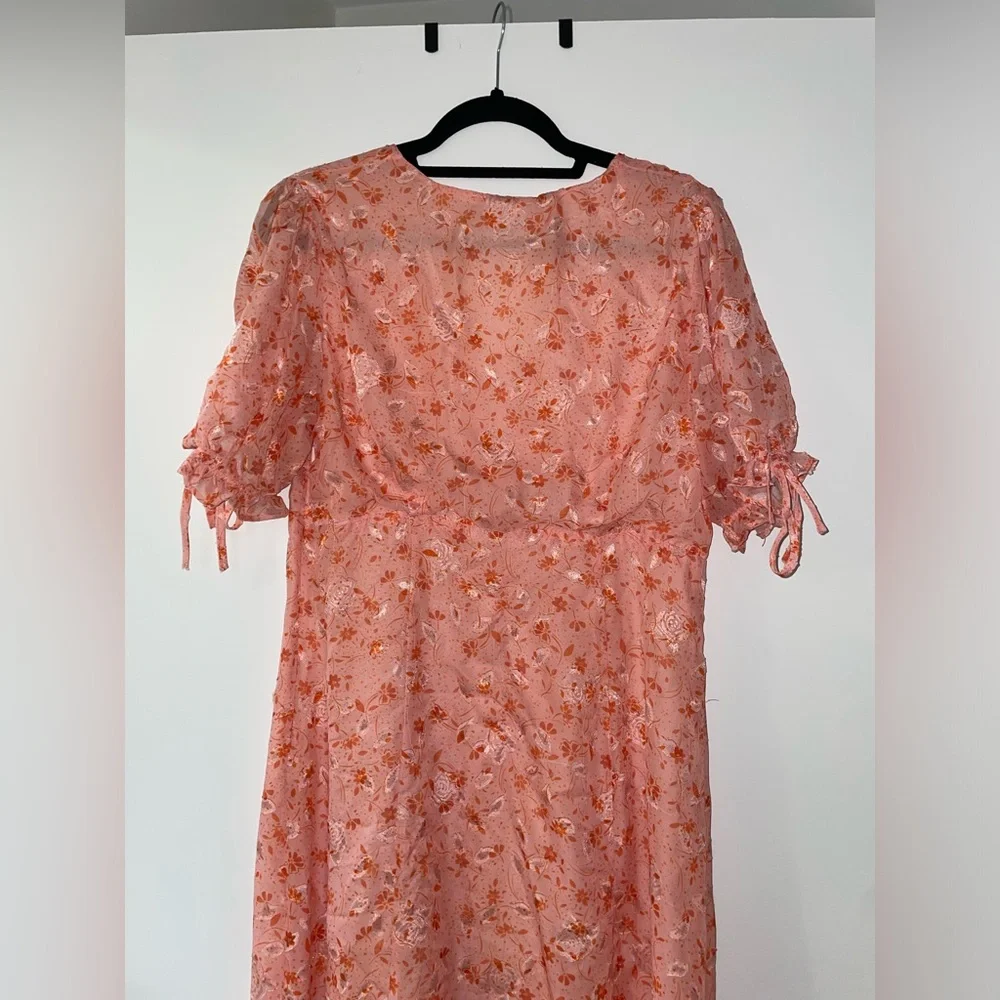 Chelsea 28 Prairie Coral Floral Tie Sleeve Ruffle Hem Midi Dress Size L(12/14)⭐️ - Picture 12 of 15